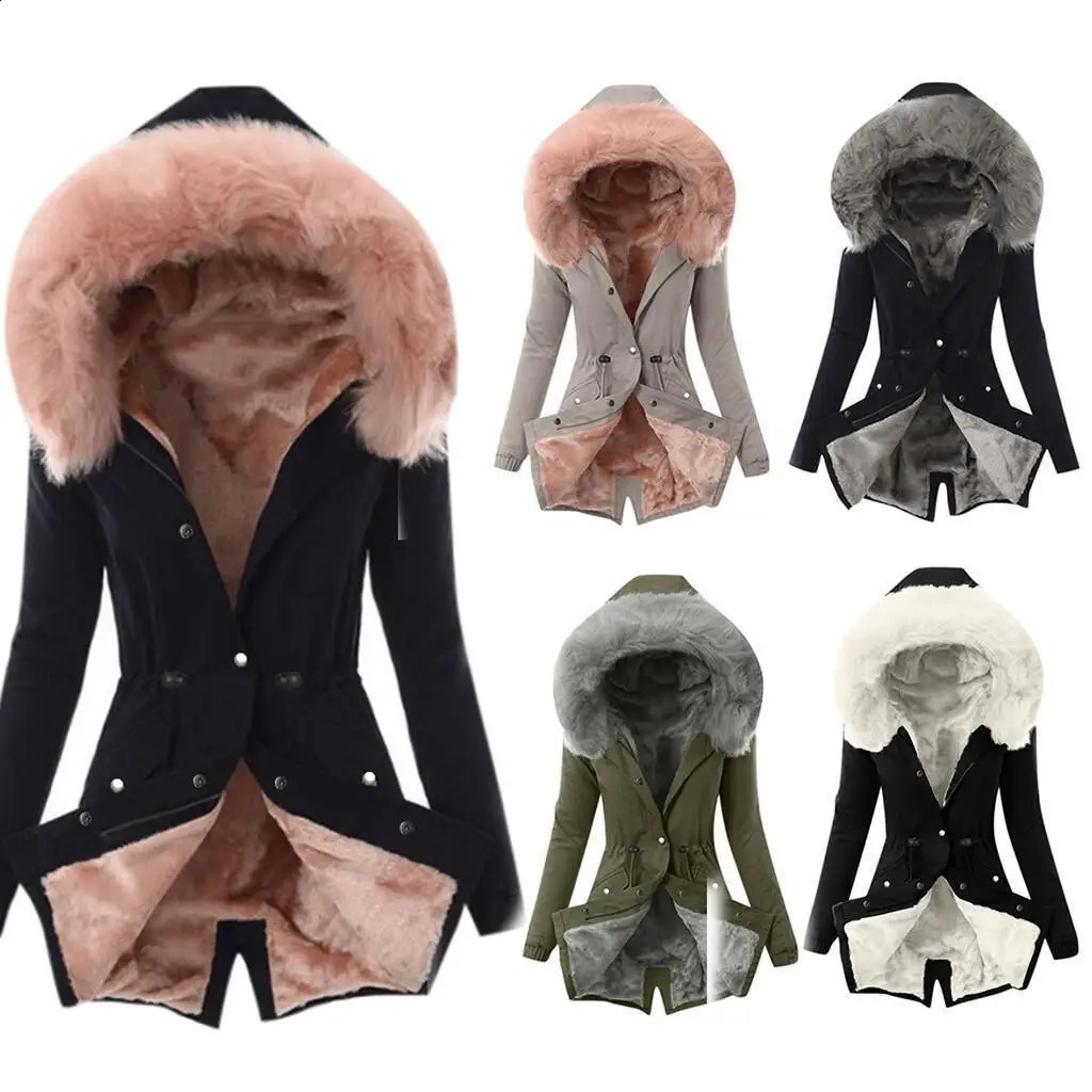 Women Parkas Hooded Long Sleeve Slim Fit Coats Button Solid Zipper Splice Parka Tight Wait Outerwear Thick Warm Fur Collar260917