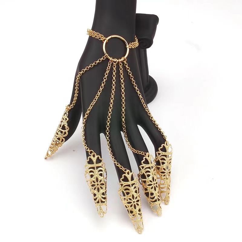 European And American Halloween Gothic Style Fingerless Bracelet Punk Ghost Back Ornament Tassel Cone-Shaped Nail Ring Hand Jewelry