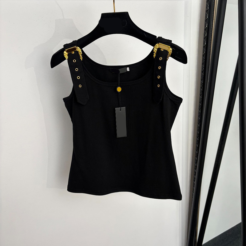 Designer Women Cropped Tank Tops Scoop Neck Fitted Metal Hardware Sleeveless Tops Summer Club Night Date Vests