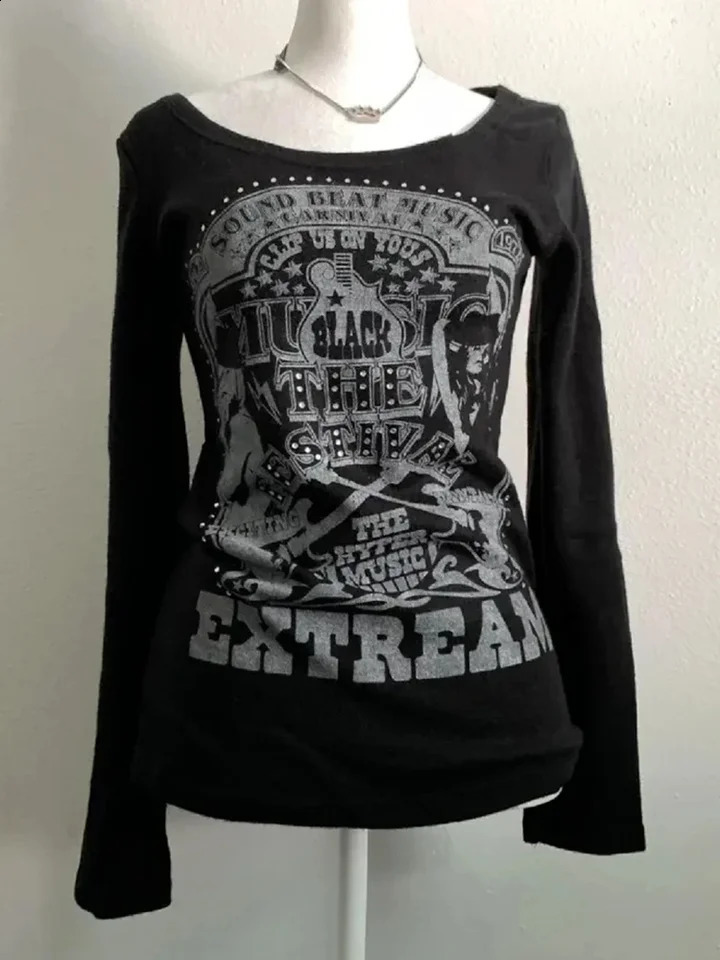 Jmprs Harajuku Gothic Black T Shirts Women Long Sleeve Vintage Y2K Tops Dark Academic Female Casual O Neck Slim American Tees 260917
