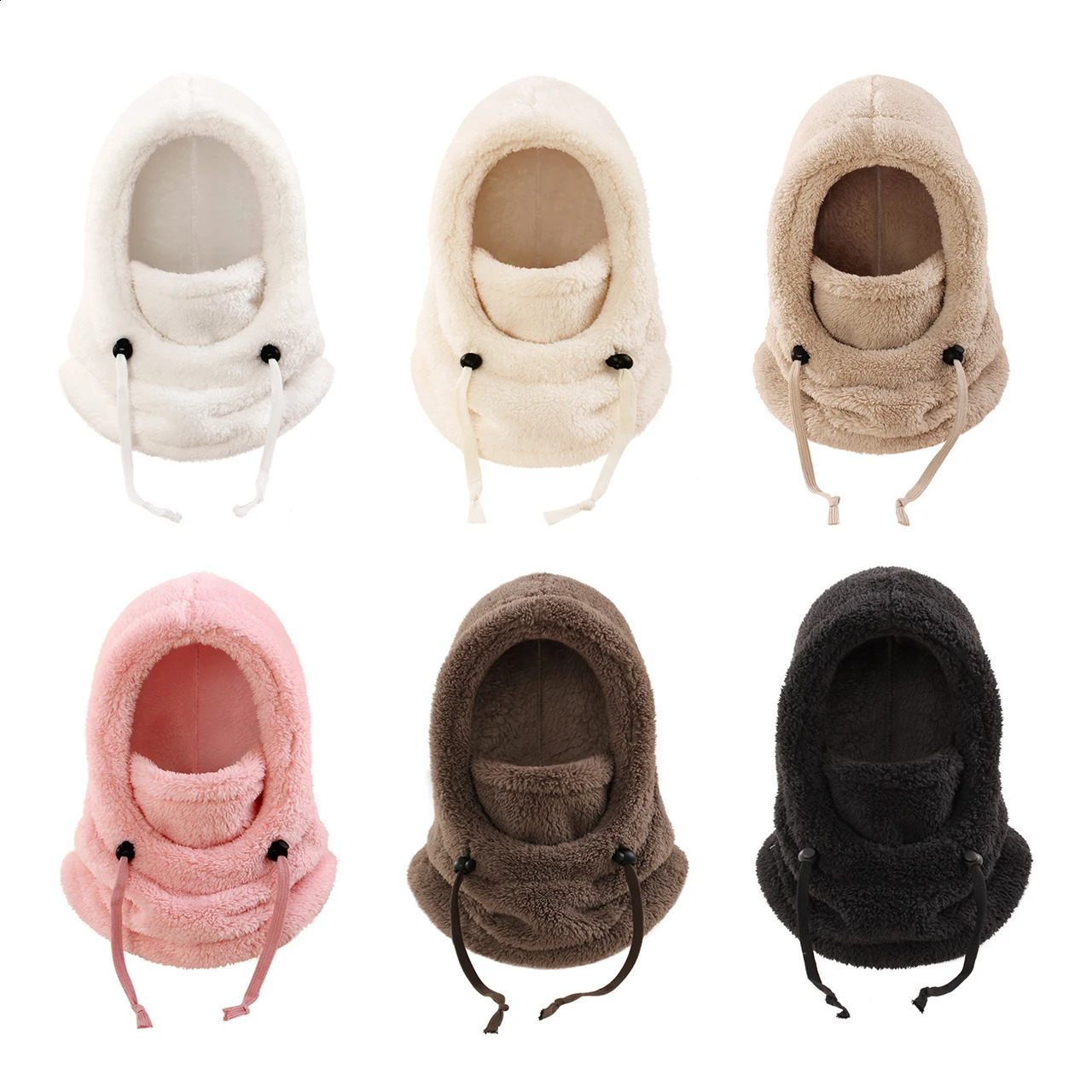 Winter Plush Hat for Kids One Piece Scarf Cap Solid Color Faux Fur Balaclava Hats Children Warm Coldproof Hooded Beanies 260916
