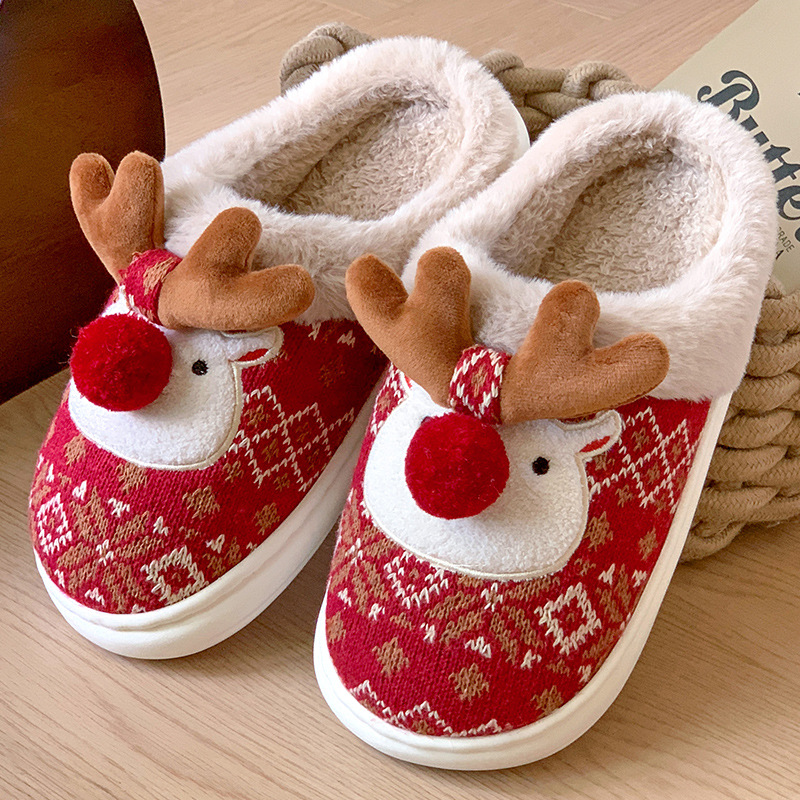 2026 Christmas new cotton slippers elk pattern design fashionable unisex winter home warm plush slippers free shipping