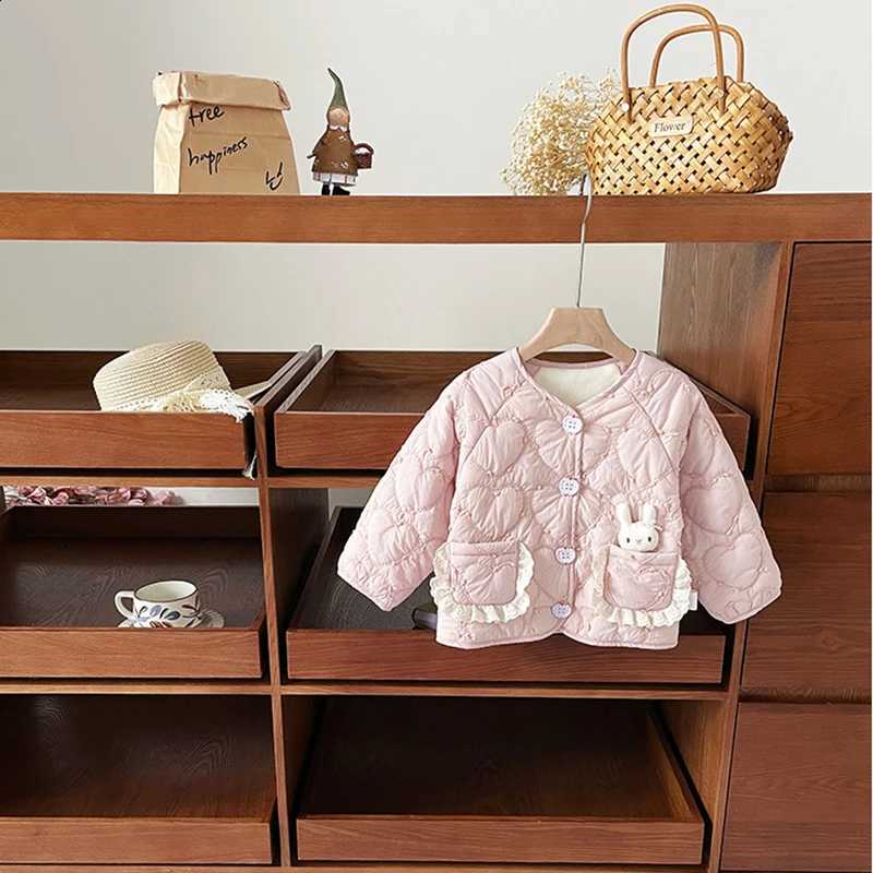 Korean Winter Girls' Fashion Coats Children's Round Neck Cotton-padded Outerwear Lace Pocket Rabbit Short Jackets 2025 Kids New J260917