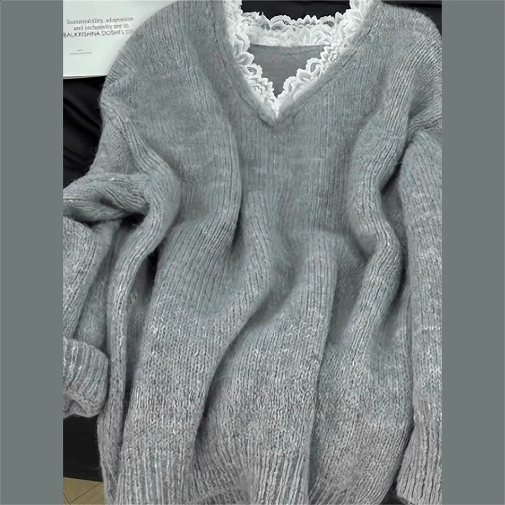 High-quality Korean Fashion Gray V-neck Lace Spliced Sweater Women's Autumn and Winter Soft Knitted Pullover Loose Tops 260917