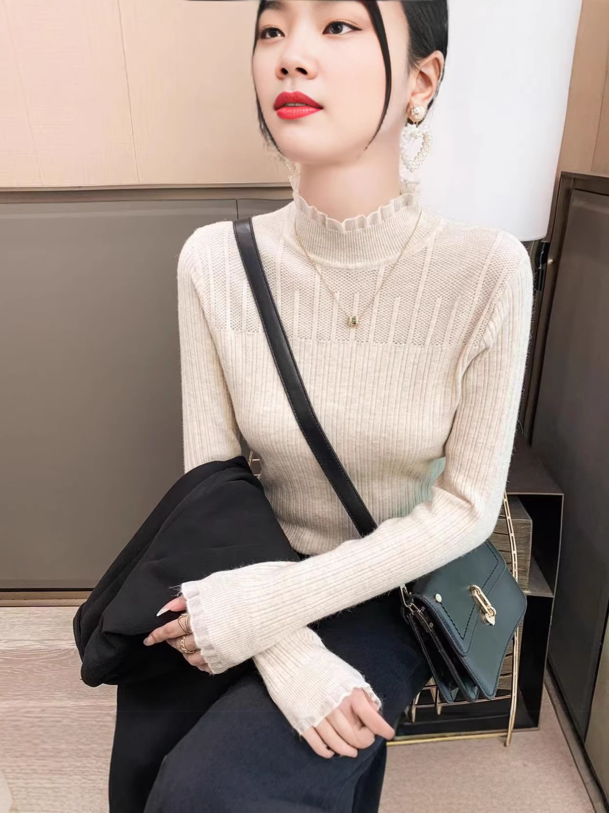 Spring Autumn new sweet-style base layer sweater women, featuring half-high collar, slim fit, and lace trim, a fashionable knit top perfect for laye