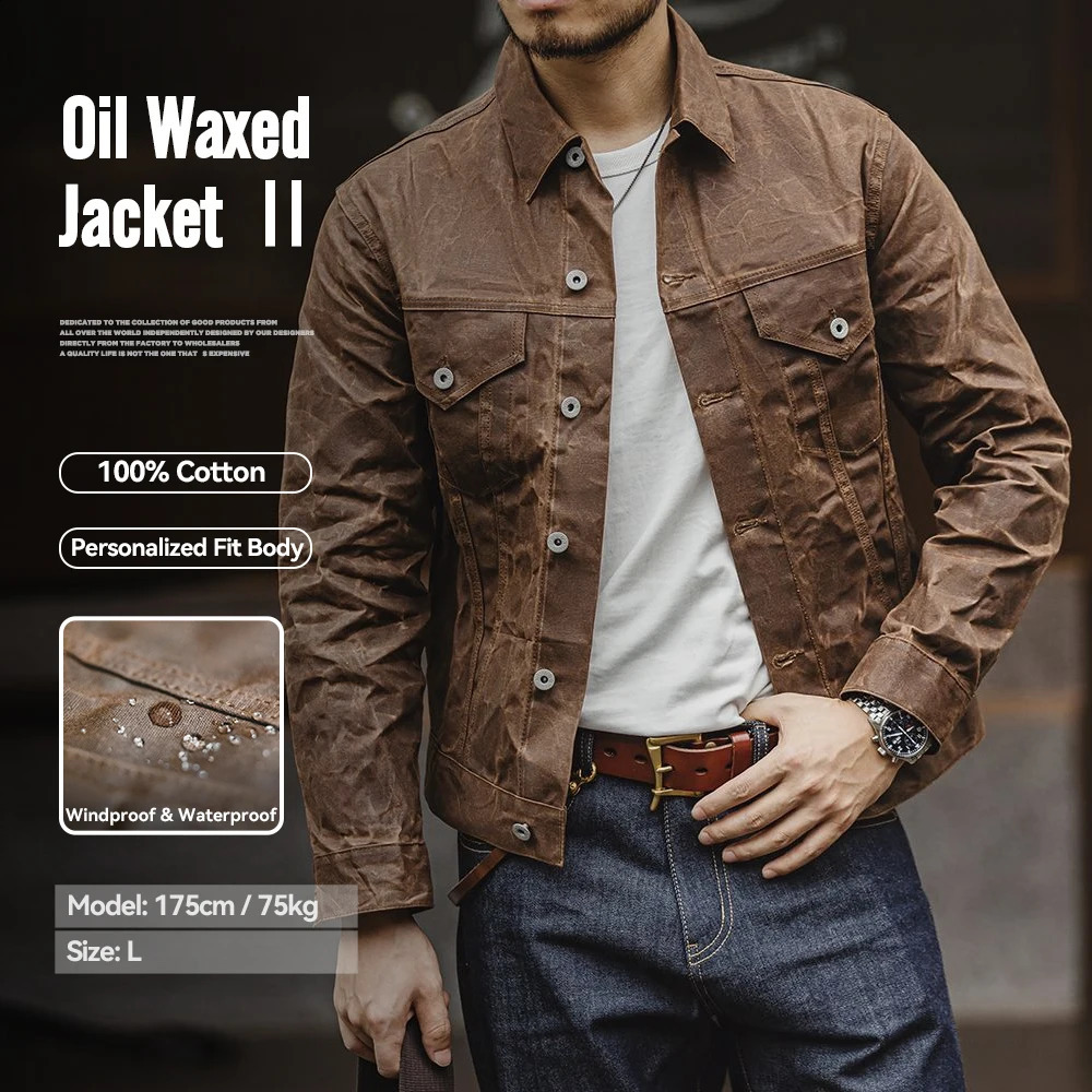 Maden Amekaji Retro Male Oil Waxed Jacket Canvas Cotton Khaki Military Uniform Light Casual Work Safari Style Coats Man Clothing 260917