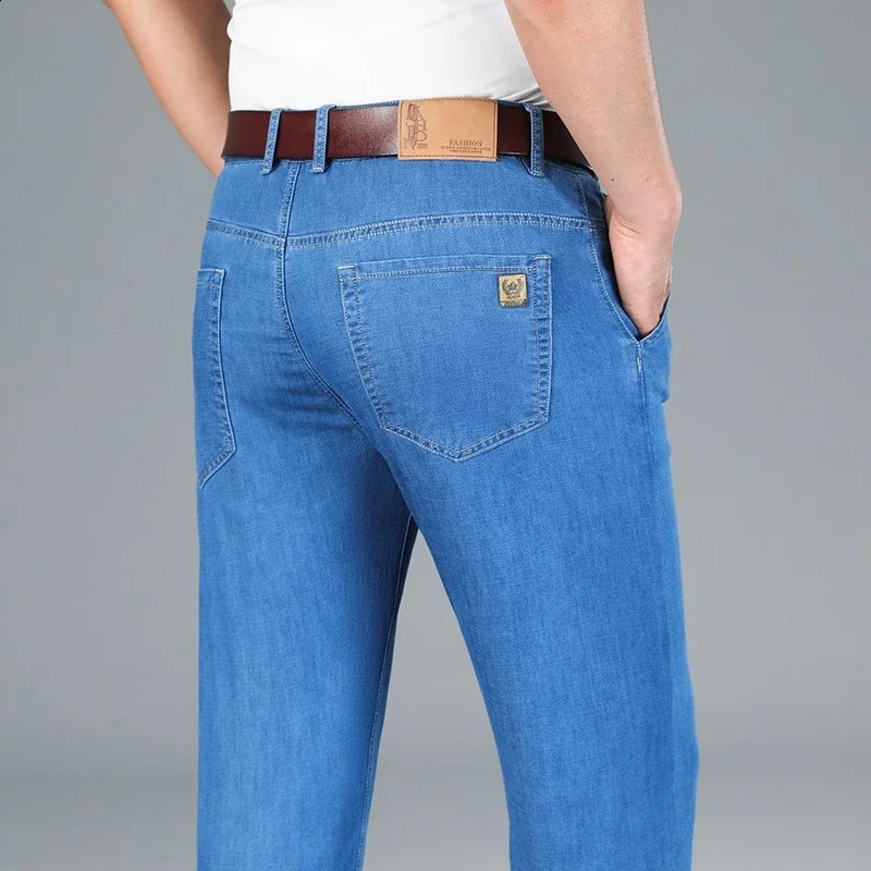 Mens Ice Silk Jeans Summer Lyocell Thin Business Casual Denim Pants Classic All Match Slim Fit Straight Elastic Jean Male 260917
