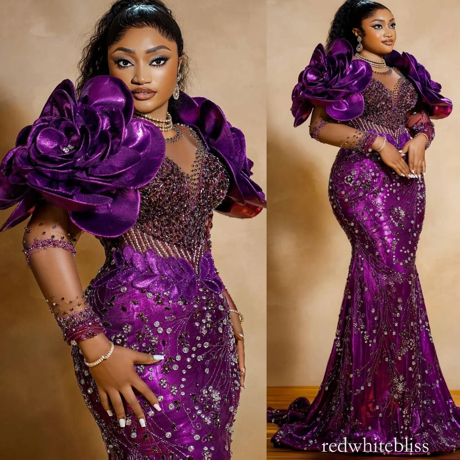 ASO EBI Purple Mermaid Prom Dresses Beaded Crystal Flower Lace Evening Gowns Women Formal Party Second Birthday Engagement Gowns Plus Size