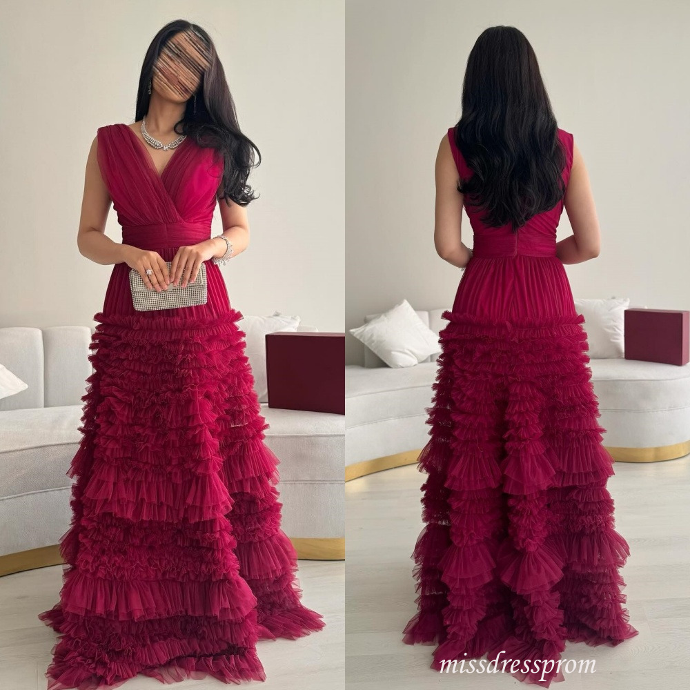 Elegant Red A Line Evening Dresses Tulle Pleat Ruched Tiered Long Women Occasion Dresses Matching Exquisite V Neck Prom Party Gowns 917