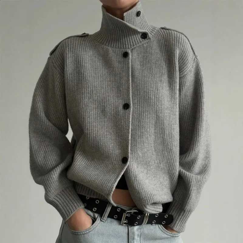 Women's Knitted Stand Talenza Collar Diagonal Single Breasted Cardigan Long Sleeve Drop Shoulder Loose Rib Outerwear Sweaters J260916