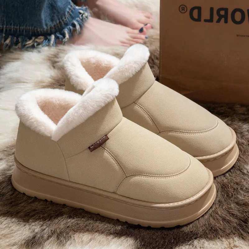 Women Ankle Snow Boots Faux Suede Microfiber Upper Plush Lined Slipon Platform Thick Sole Warm Winter Casual Short Booties D260917