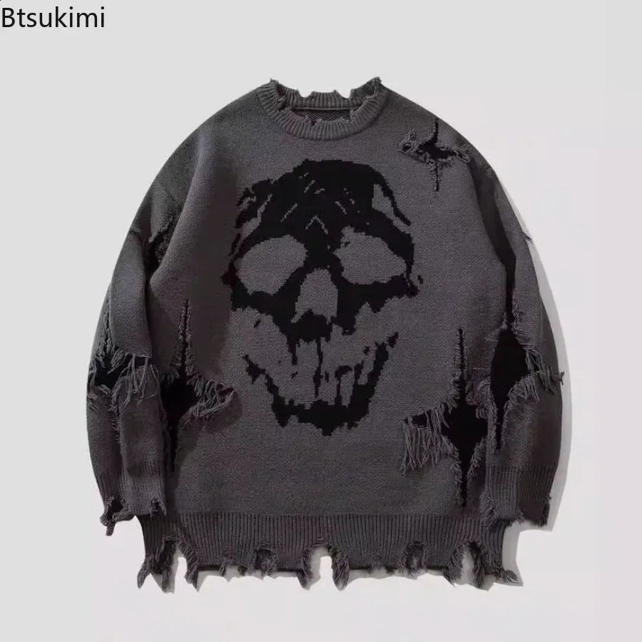 Autumn Winter Men /Women's Hip Hop Knitted Sweater Skull Pattern Printed Jacquard Hole Loose Pullover Tops Casual Sweaters Men 260917