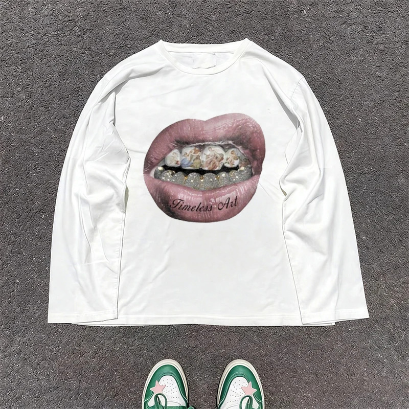 American Lip Print Long Sleeves Women Tshirt Loose Retro Autumn Streetwear Oversize Clothes Harajuku Women for Tshirt Y2k 260916
