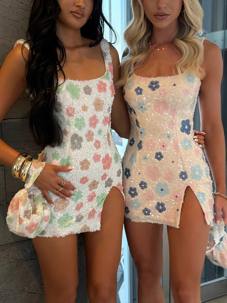 Mozision Sequins Print Sexy Mini Dress Women Robe Fashion Sparkle Square Collar Sleeveless Backless Split Club Party Dresses 260917