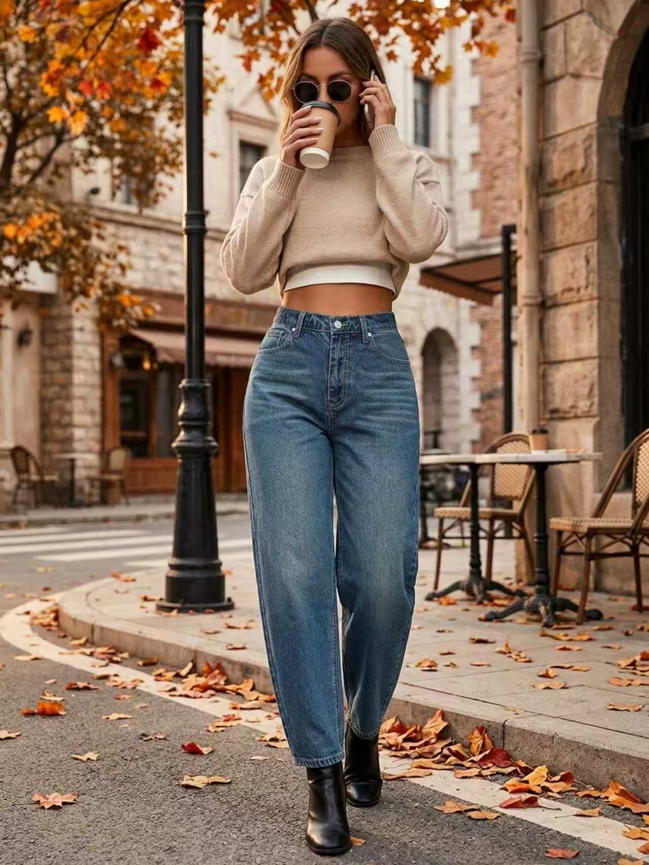 Cross-border European and American style high-waisted wide-leg floor-length jeans, elastic washed vintage slimming plus-size straight-leg denim 09