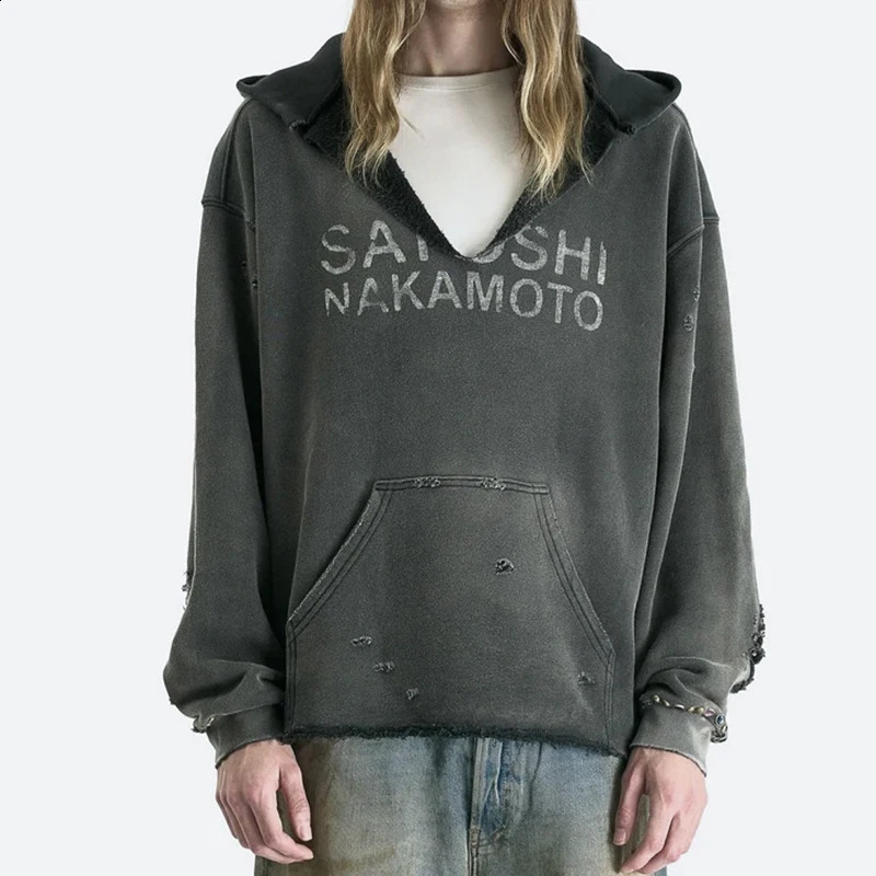 Classic Letter Print Satoshi Nakamoto Hoodie Hooded Men Women Vintage Damaged Hole Splashed Ink Sweatshirts Street Hop Style 260917