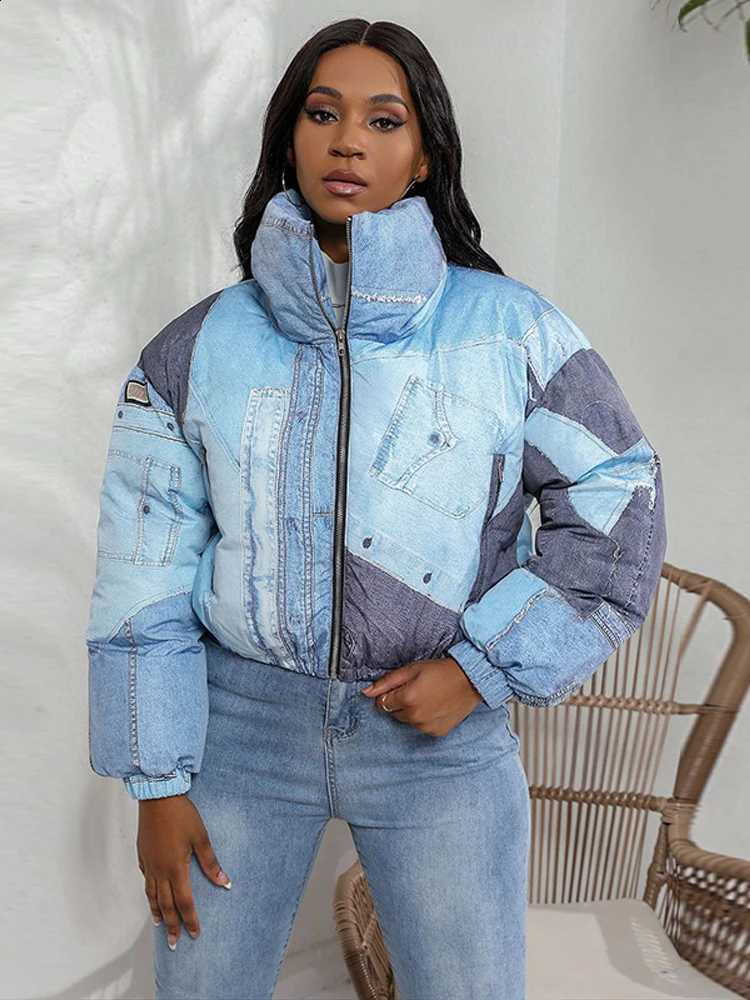 Denim Print Stand Collar Puffer Coat Zip Up Cropped Long Sleeve 2026 Winter Women Trendy Street Daily Fashion Ladies Outerwear H260917