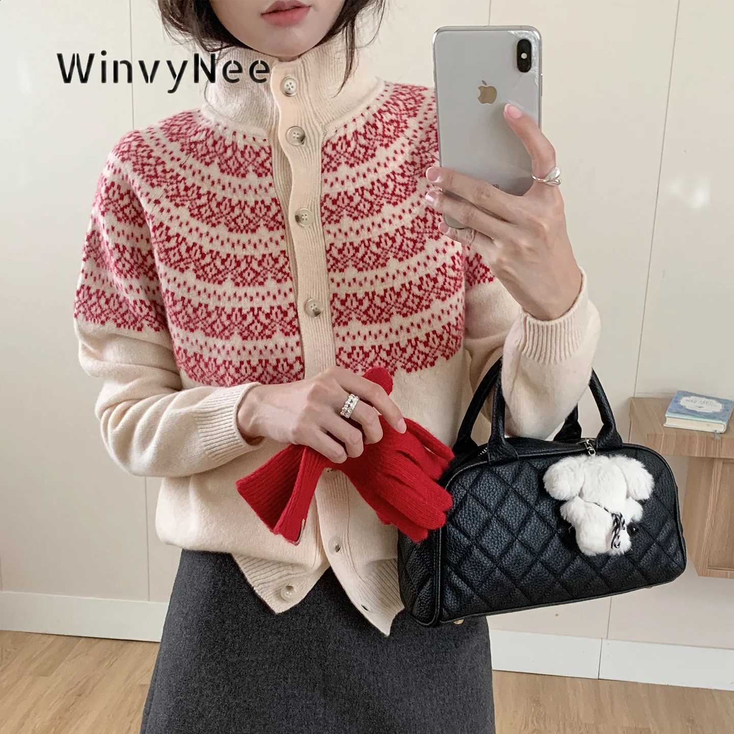 Knitted WinvyNee Women Jacquard Cardigan 100% Wool Stand Collar Long Sleeve Sweater Autumn Stylish Warm Knitwear Outfit B1523092 J260916