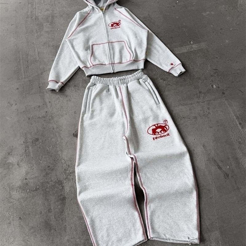 Men Tracksuit Gray Casual Loose Fit Korean Streetwear American Style Y2K Retro Two Piece Outfit Hoodie Jogger Pants Sweatshirt 260915