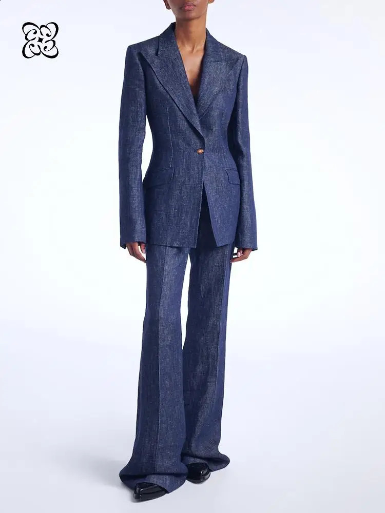 2026 Dark Denim Blue Blazer Pant Suit Single Breasted Fitted Jacket High Waist Flared Trousers Two Piece Set for Office Commute 260917