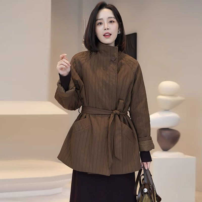 Parkas Winter Collar Lady Stand Outwear Korean Women Fashion Tie Up Down Cotton Jacket Female Light Thin Tops Cotton Padded Coat H260917