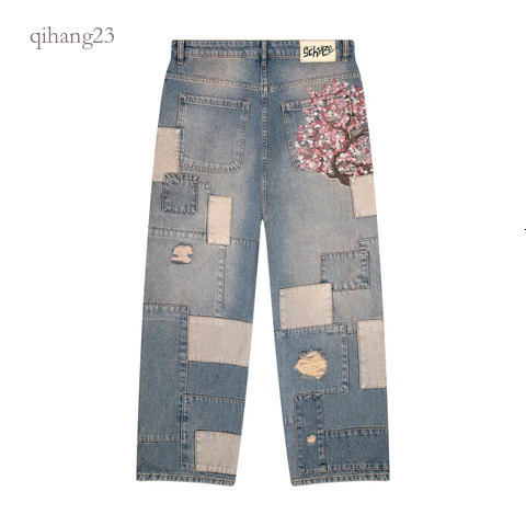 Derschutze Patchwork Cherry Blossom Embroidery Denim Pants Y2k Vintage Women Baggy Straight Wide Leg Jeans Street Men Clothes Retro Hip Hop Streetwe