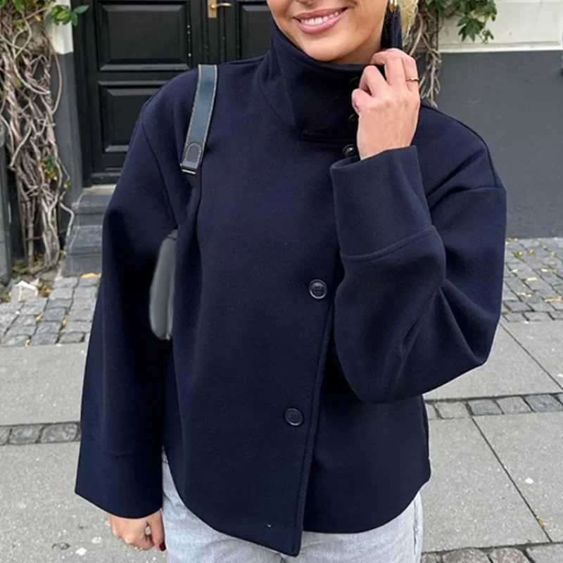 Streetwear American Women Stand Up Neck Breasted Casual Solid Color Loose Jacket Winter Fashionable Elegant Long Sleeved Coats C260917