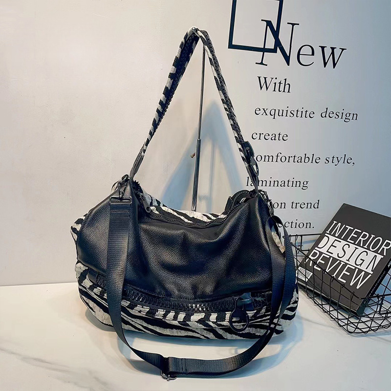 Women S New Fashion Zebra Pattern With Cowhide Single Shoulder Large Handheld Crossbody Bag Trendy KABAHEBINGJUE