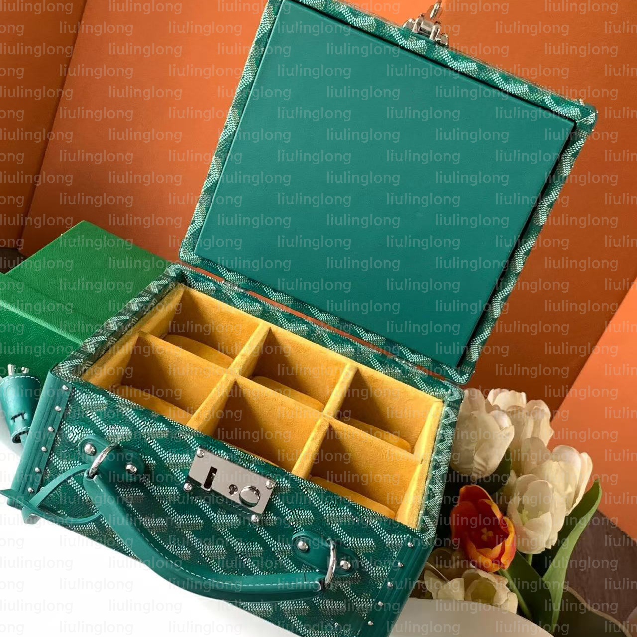 master quality luxury green watch storage hard trunk designer 6 slots watch box women velvet lining vintage travel watch case men watch collection c