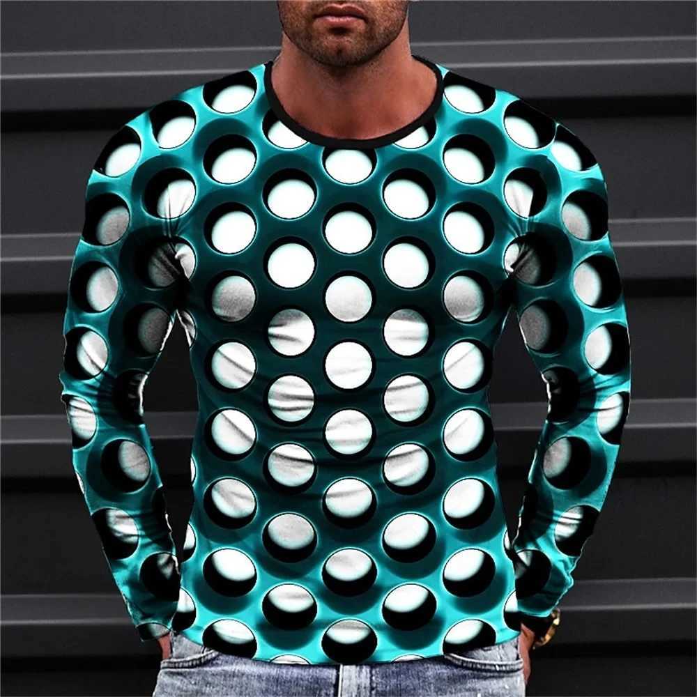 Fashionable Men's Printed T-shirt Optical Illusion Round Neck Long Sved Street Harajuku Exaggerated Designer Round Neck Top Q260917