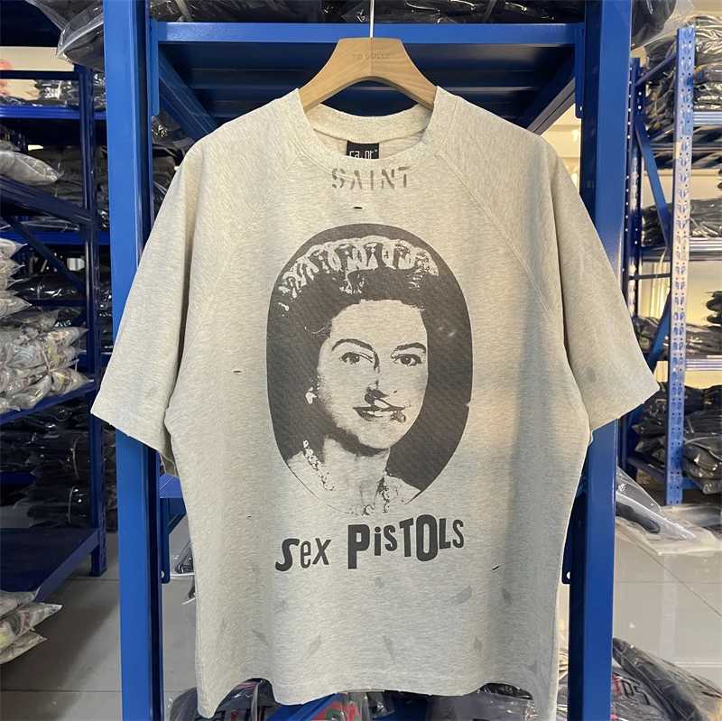 Spring Summer Vintage Men's And Women's Short Sleeved T-shirt SAINT Heavyweight High-quality Washed Portrait Print Oversized Top X260916