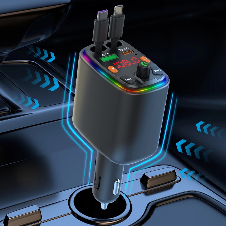 Retractable Car Charger 4 in 1 Fast Charging with USB-C & USB-A FM Transmitter Super Quick Charge USB C Cable PD QC3.0 High Quality Cigarette Lighte
