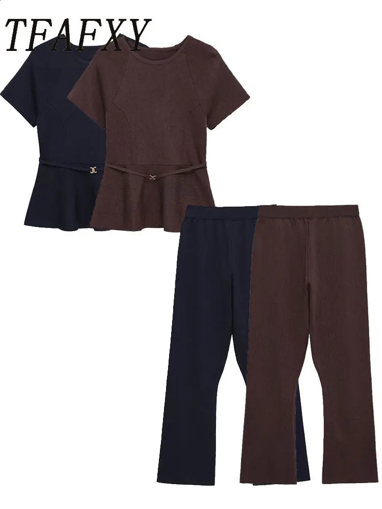 TFAFXY Knitted Women Sets 2026 Spring Autumn Short Sleeve OCollar Slim Crop Top Straight Pants Casual Suits Y2K 260917