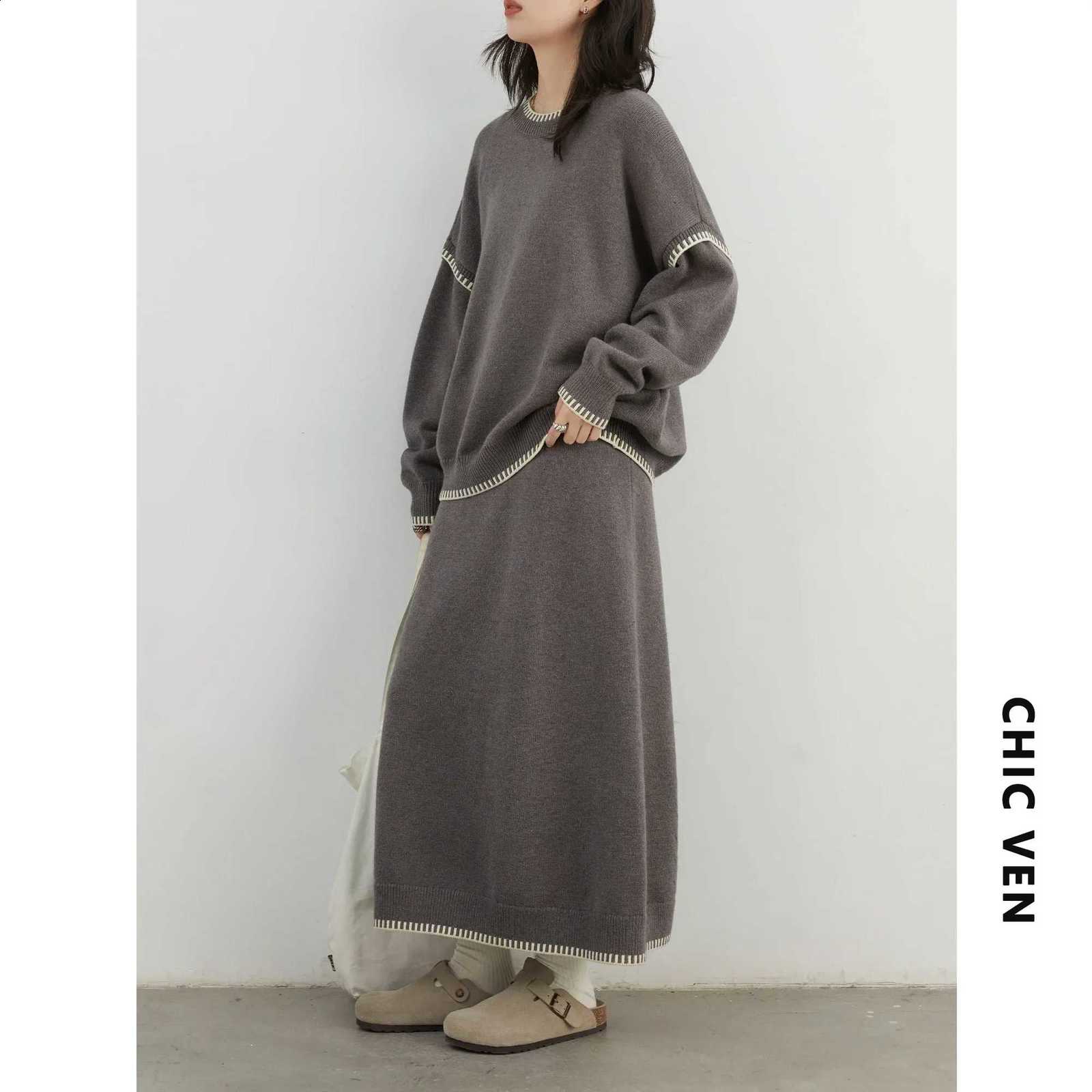 VEN Women Sweater Loose CHIC Round Neck Pullover A Line Dress Sets New Contrasting Edge Knitted Skirt Set Autumn Winter 2024W260915