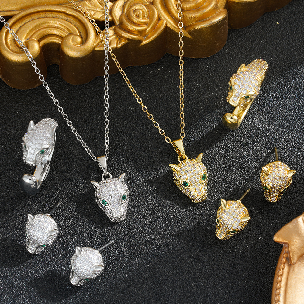 Leopard Head Full Diamond Necklace Earring Set, Light Luxury, Micro-Paved, Unique and Elegant, Wholesale for Banquets