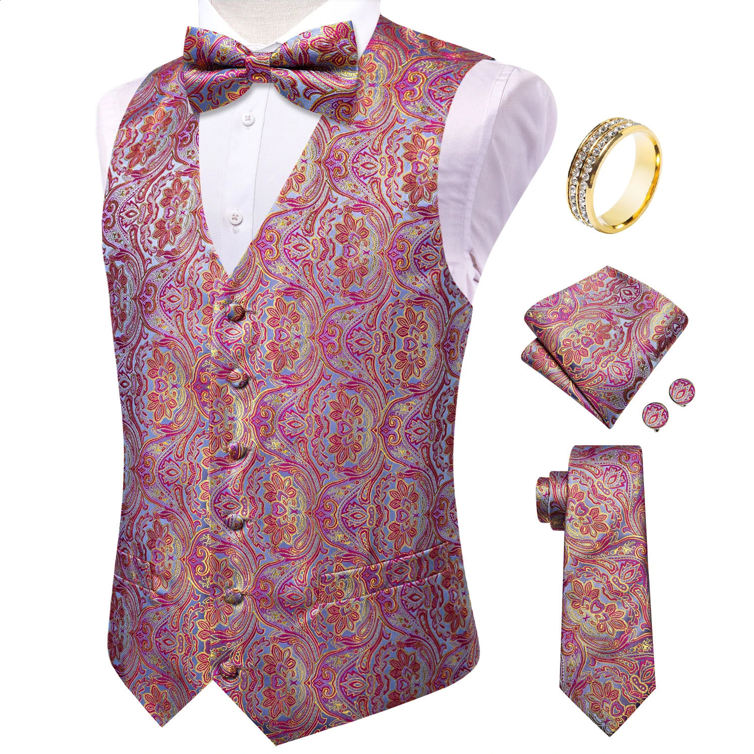 Pink Purple Paisley Mens Vest 6Pcs Matching Set Waistcoat Necktie Bowtie Pocket Square Cufflinks Ring Suit Decor for Prom 260917