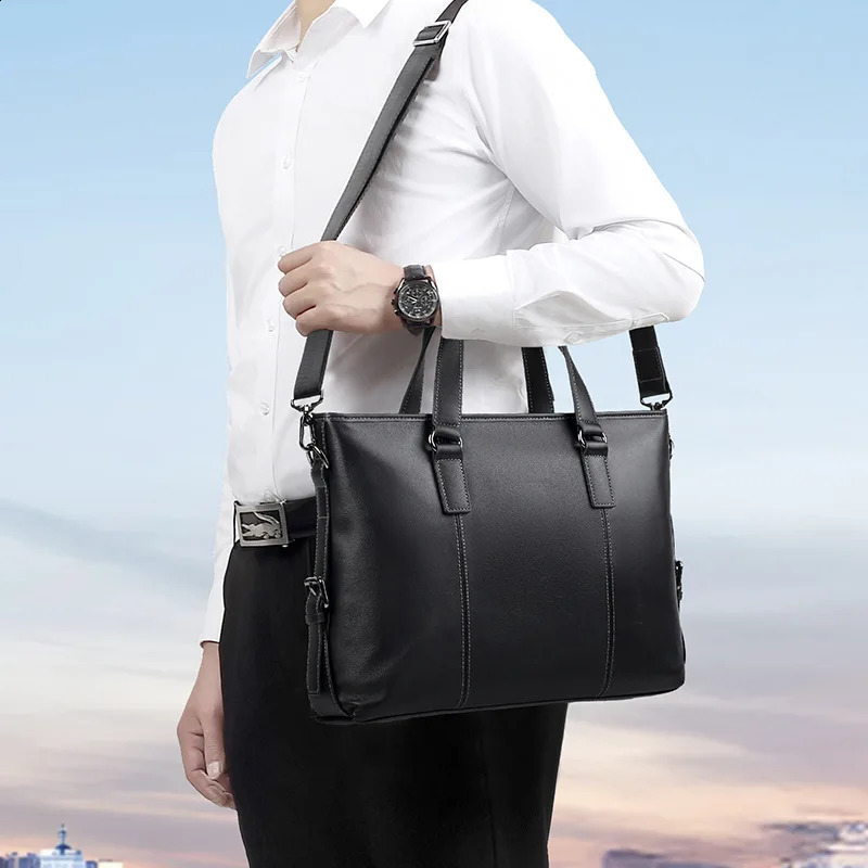 Genuine Cowhide Leather Briefcase Large Capacity Laptop Bag Silver Hardware For Men Business Work Ample Storage Space SAC 260917