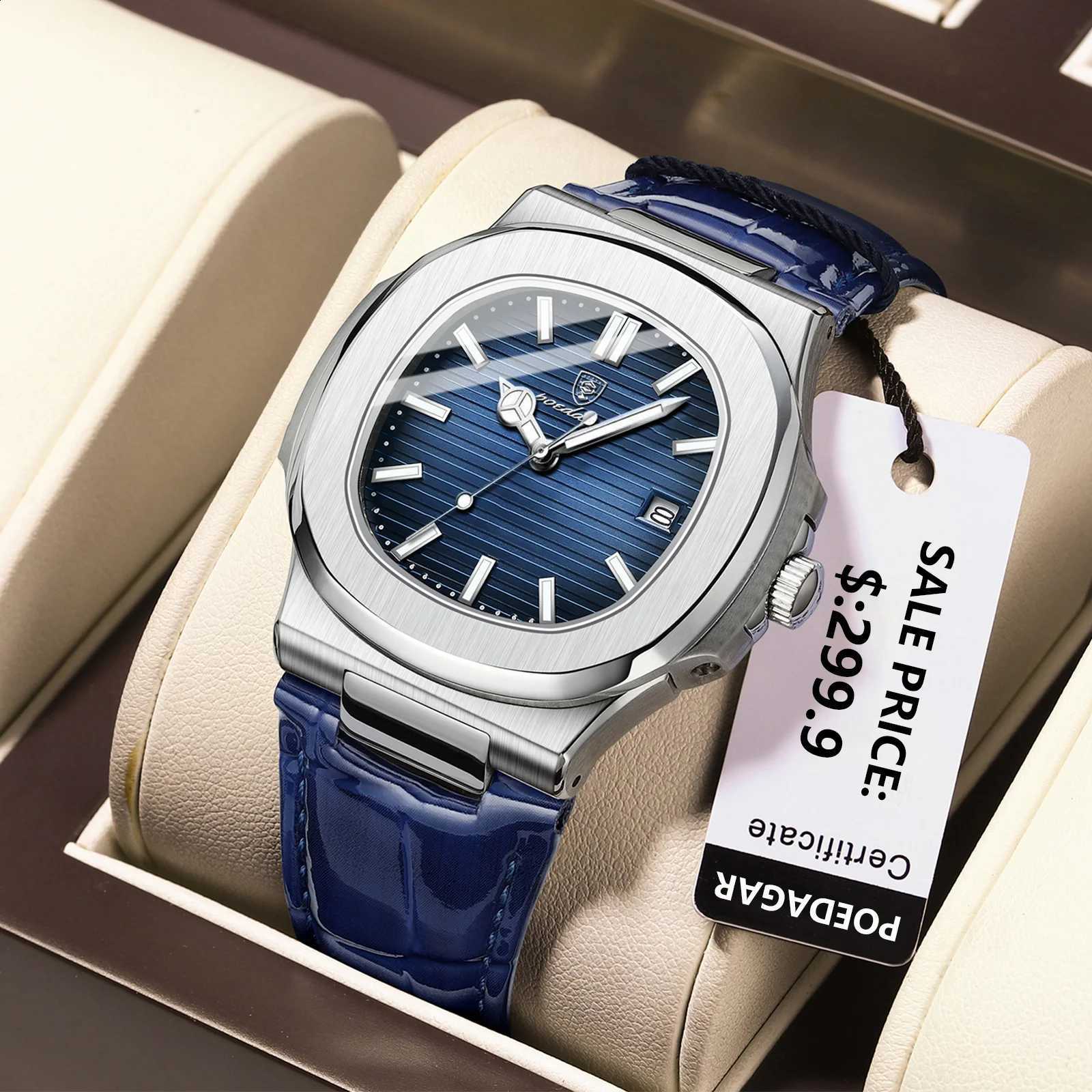 POEDAGAR Luxury Brand Square Watches For Man Waterproof Luminous Date Quartz Men's Watches High Quality Leather Sports Men WatchT260916