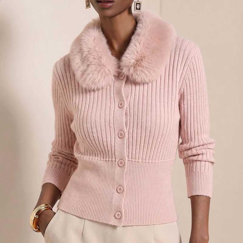 Sweater Fall Winter Knitwear Coat Mujer Women Faux Fur Collar Knit Cardigans Elegant Ribbed Buttondown Slim Fit Long Sleeve Top J260916