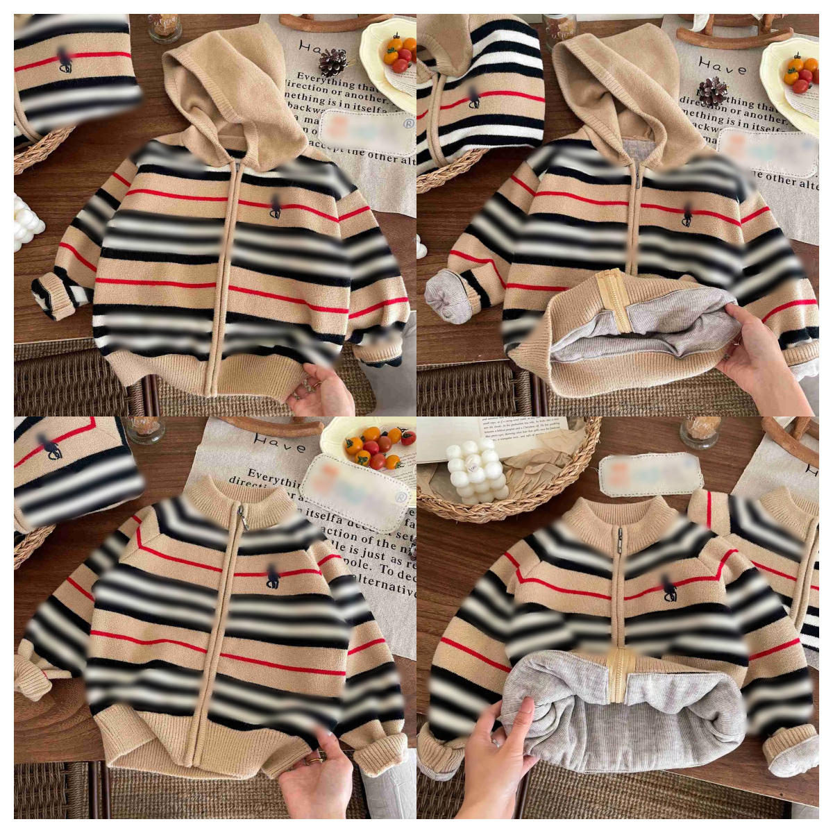 Designer Polo Children Hooded Zip Cardigan Knitted Striped Khaki Coat Fashion Casual Boys Girls Big Medium Kids Warm Autumn Winter