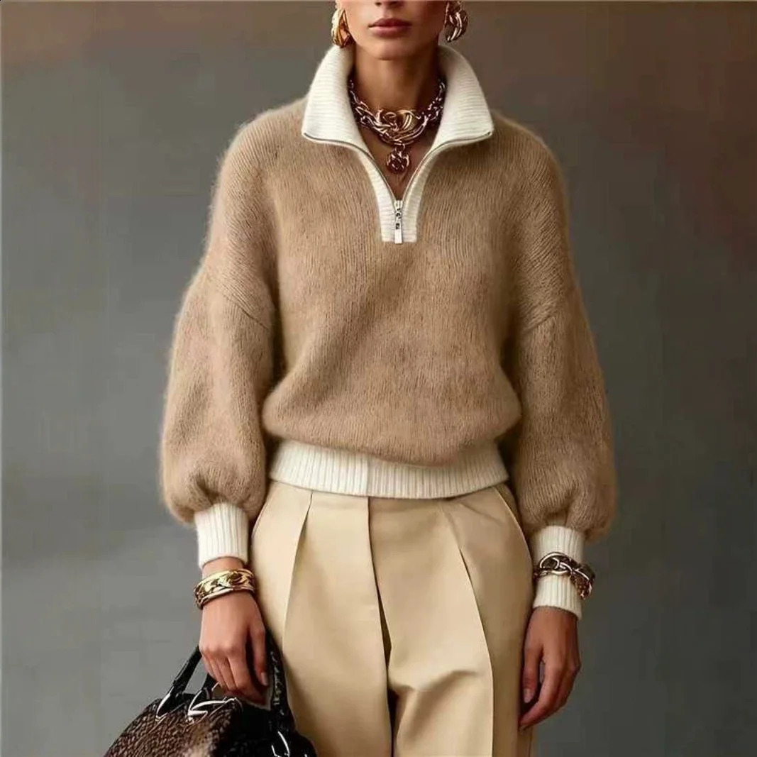 Y2k Fashion Contrasting Colors Sweater Female Autumn Winter Loose Zipper Half Open Knitted Pullover Lady Warm Versatile Sweaters 260917