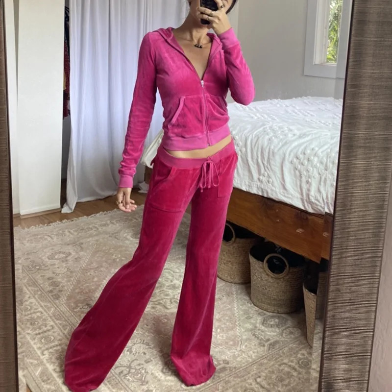 Y2K Casual Hoodies Sweatshirt with Pocket Women Velvet Zip Up Crop Hoodie Jacket Long Pants Autumn Winter Loungewear Outfits 260917