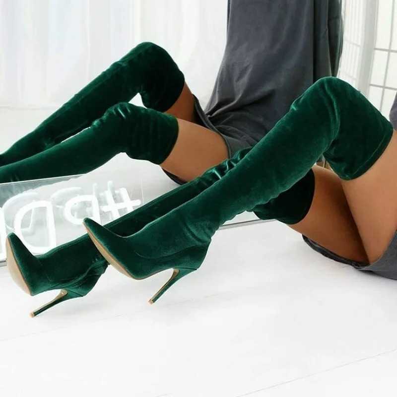 Boots Green Color Over Women's The Knee Boots fashion Personality Stiletto Elastic Side Zipper Long Boots Large Size 34-43 D260917