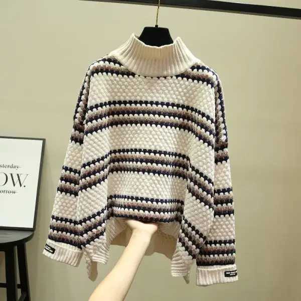 High Collar Velvet Thickened Sweater Women's Loose Outerwear Autumn Winter Stripe Knitwear Easy Wear Base Shirt New Arrival S260917F0HS