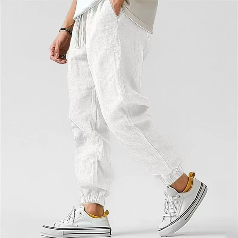 Mens Casual Pants Daily Wear Solid Summer Full Length Soft Linen Pants Mid Waist Pocket Drawstring Trousers Streetwear Bottoms 260917