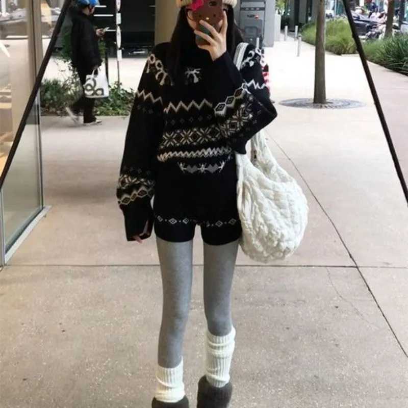 Women Knitted Pullovers Casual Shorts Set Vintage Jacquard Black High Neck High-waist Short Pants Sweater Splicing 2 Piece Set X260916