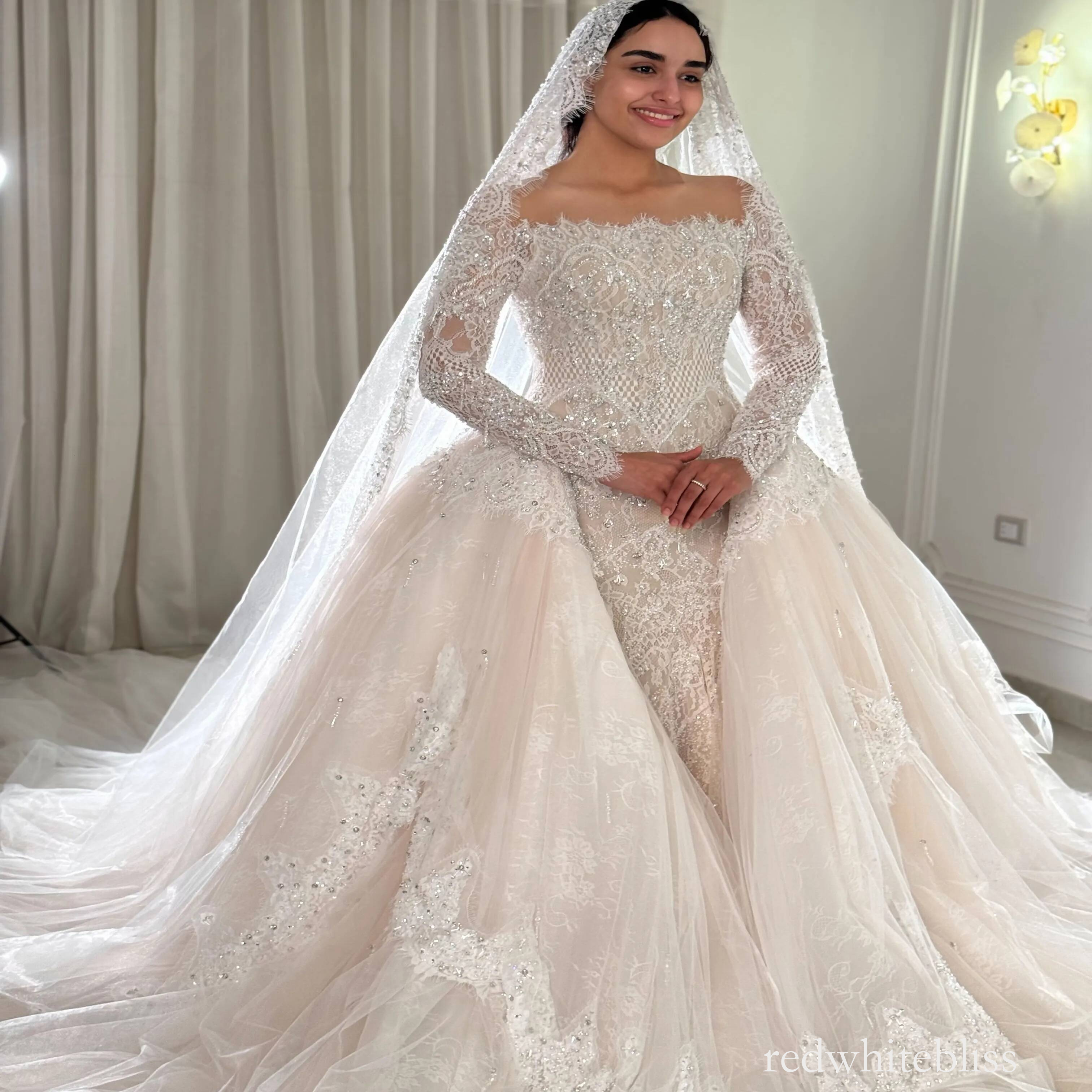 Vintage White Ivory Mermaid Wedding Dresses With Detachable Train Beaded Crystals Full Sleeves Lace Bridal Gowns Arabic Dubai Luxury Robes de mariag