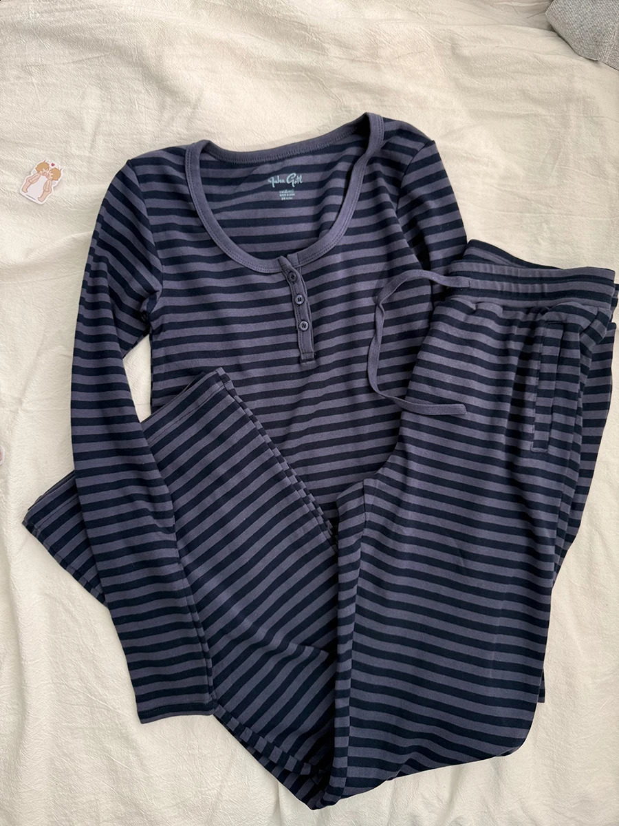 Navy Striped 2 Piece Sets Women Vintage Buttons Cotton Long Sleeve Tee Straight Trousers Home Sweet Tshirt Pant Pajama Set Y2K 260917