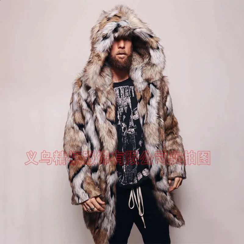 Jacket Men Faux Coat Fur Hooded Mid Length Overcoat Winter Warm Thick Fluffy Shaggy Vintage Business Casual 2025 Outerwear W260915