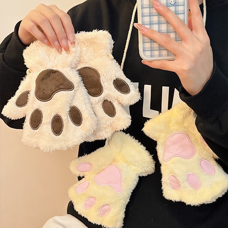 Winter fleece-lined, thickened, warm students to use while writing or playing on their phones; cute bear paw design, plush half-finger gloves for wo